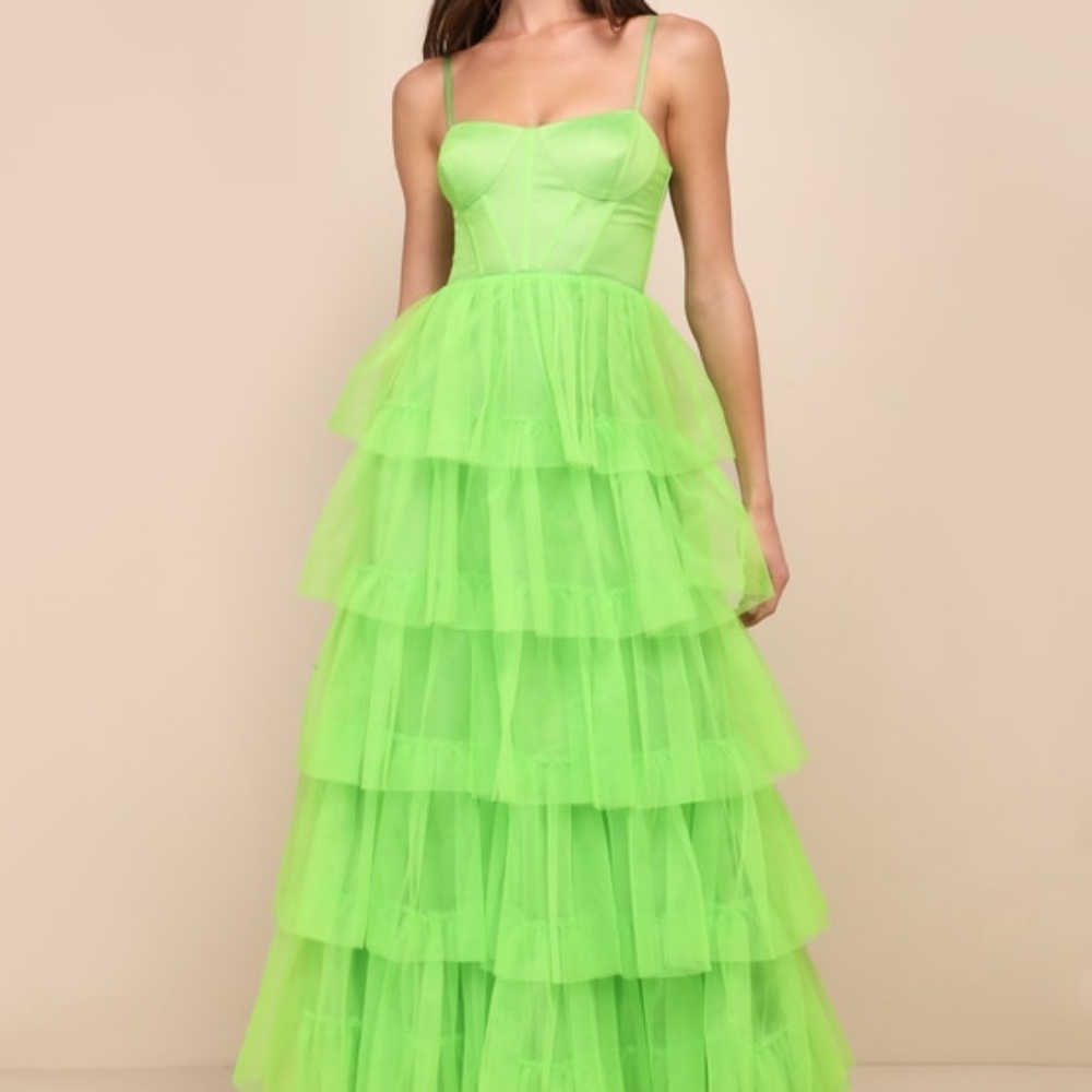 Lulus Rule The Runway Lime Green Tulle Bustier Tiered Maxi Dress - Size XL *NWT*